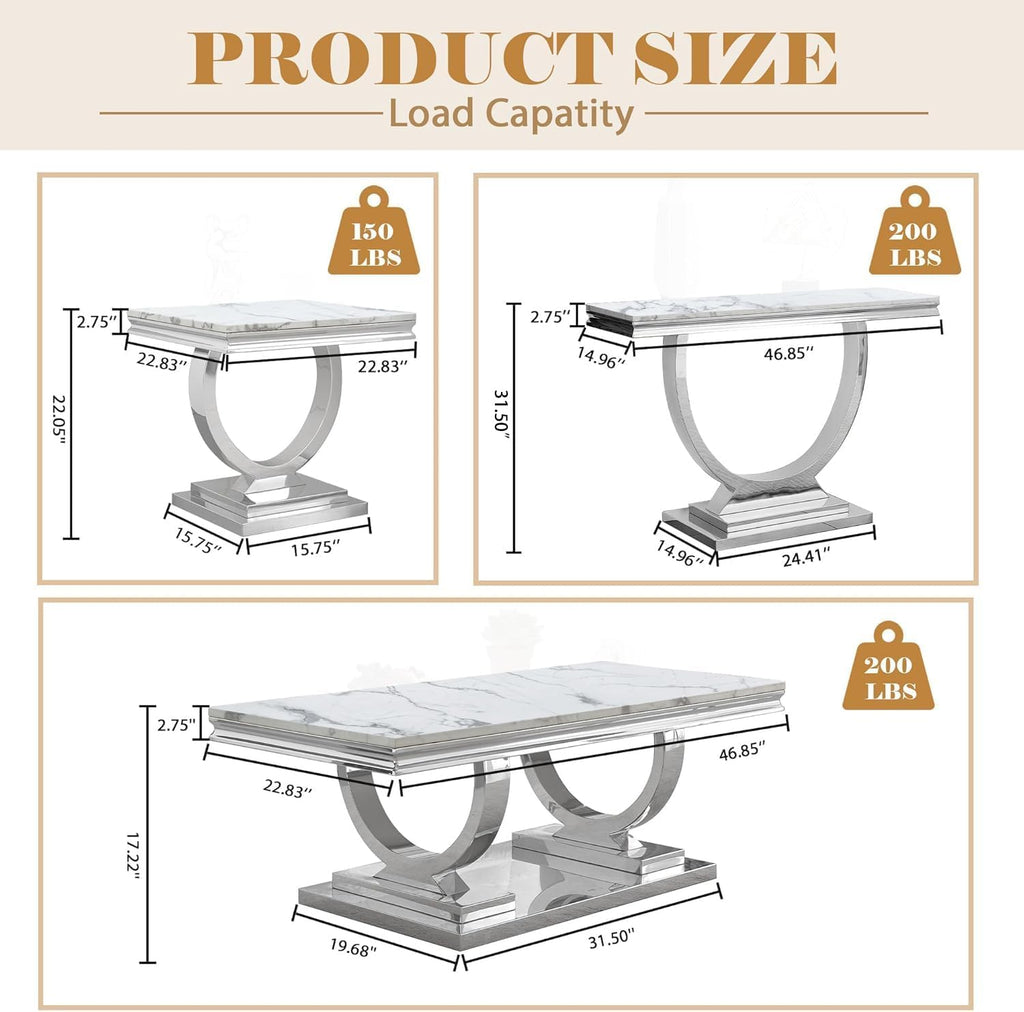 Marble Coffee Table, 47' White Faux Marble Rectangular Cocktail Table with Mirrored Finish Double O-Shape Stainless Steel Base, Central Cocktail Tea Tables for Living Room Office, Silver