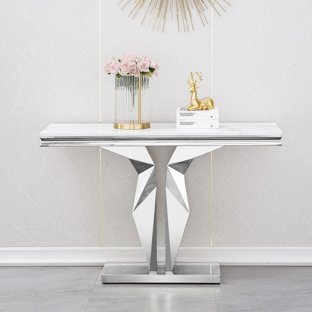 Henf 3 Piece Living Room Table Set, Faux Marble Coffee & Console & End Tables, Luxury White Gold Coffee Table Set of 3 with Mirrored Stainless Steel Base for Living Room Apartment