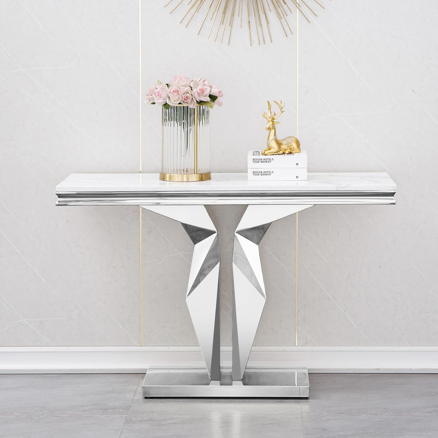 Henf 3 Piece Living Room Table Set, Faux Marble Coffee & Console & End Tables, Luxury White Gold Coffee Table Set of 3 with Mirrored Stainless Steel Base for Living Room Apartment