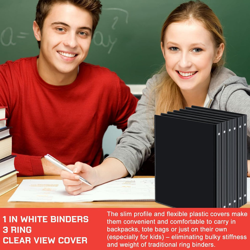 Fulmoon 100 Pcs 3 Ring Binders 1 Inch, Plastic Flexible Binders in Bulk with 2 Interior Pockets,Hold 175 Sheets with Clear Cover for Office, Home, and School(Black)