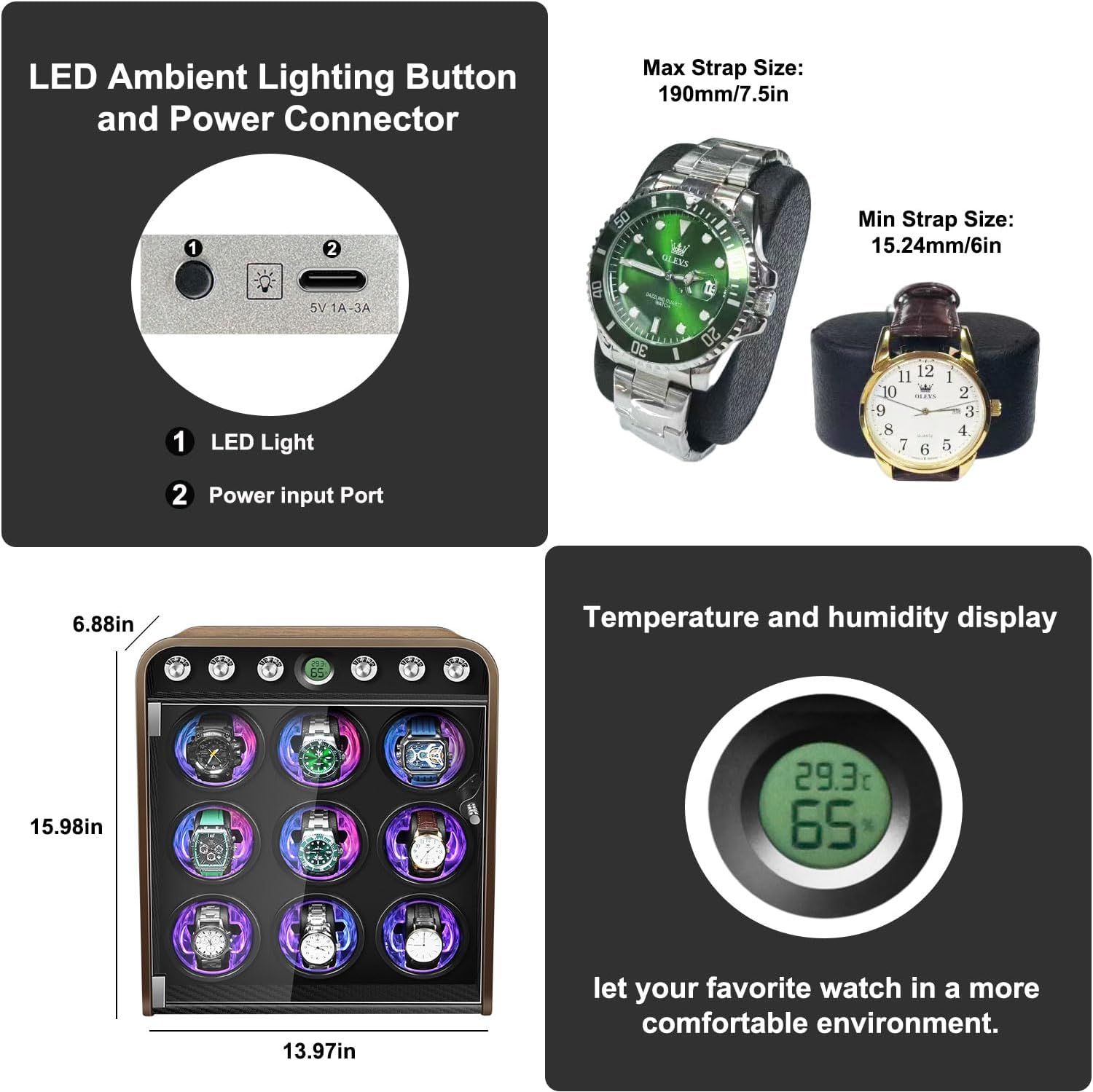 Watch Winder for Automatic Watches, Watch Winders Box 1/2/4/6/9 Slot for Rolex,Silent Motor, 4 Rotation Mode Setting,Built-in led Lights,Gift for Man