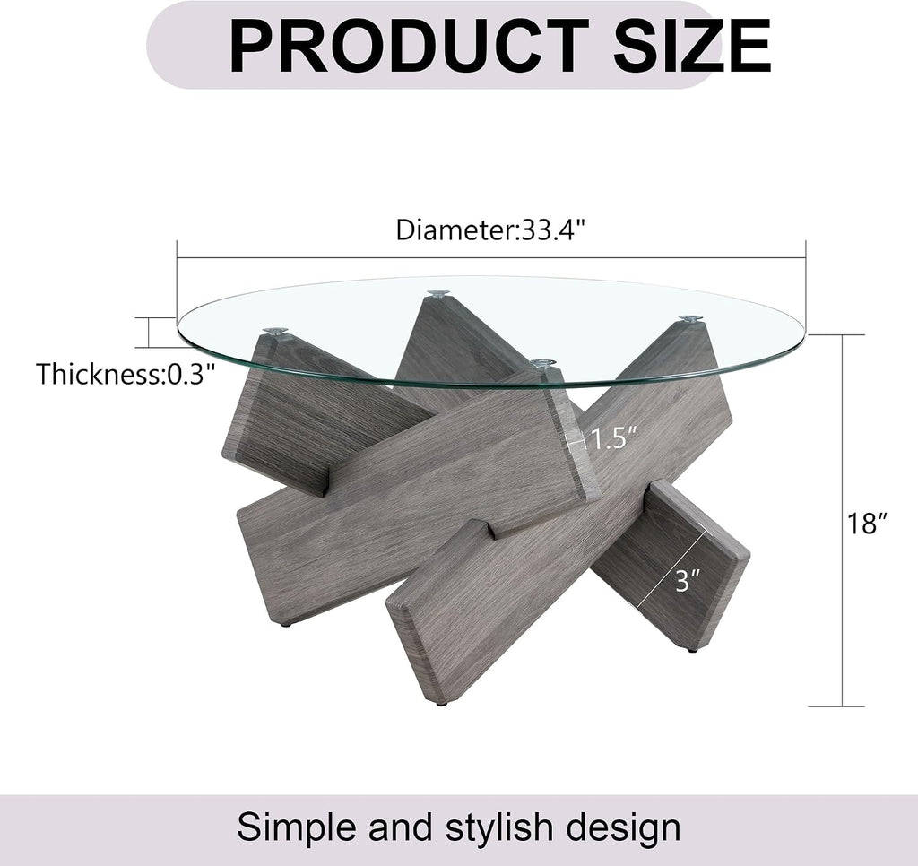 33.4'' Tempered Glass Round Coffee Table for Living Room, Modern Circle Coffee Table, Glass Tabletop & Wood Base, Easy Assembly, Gray