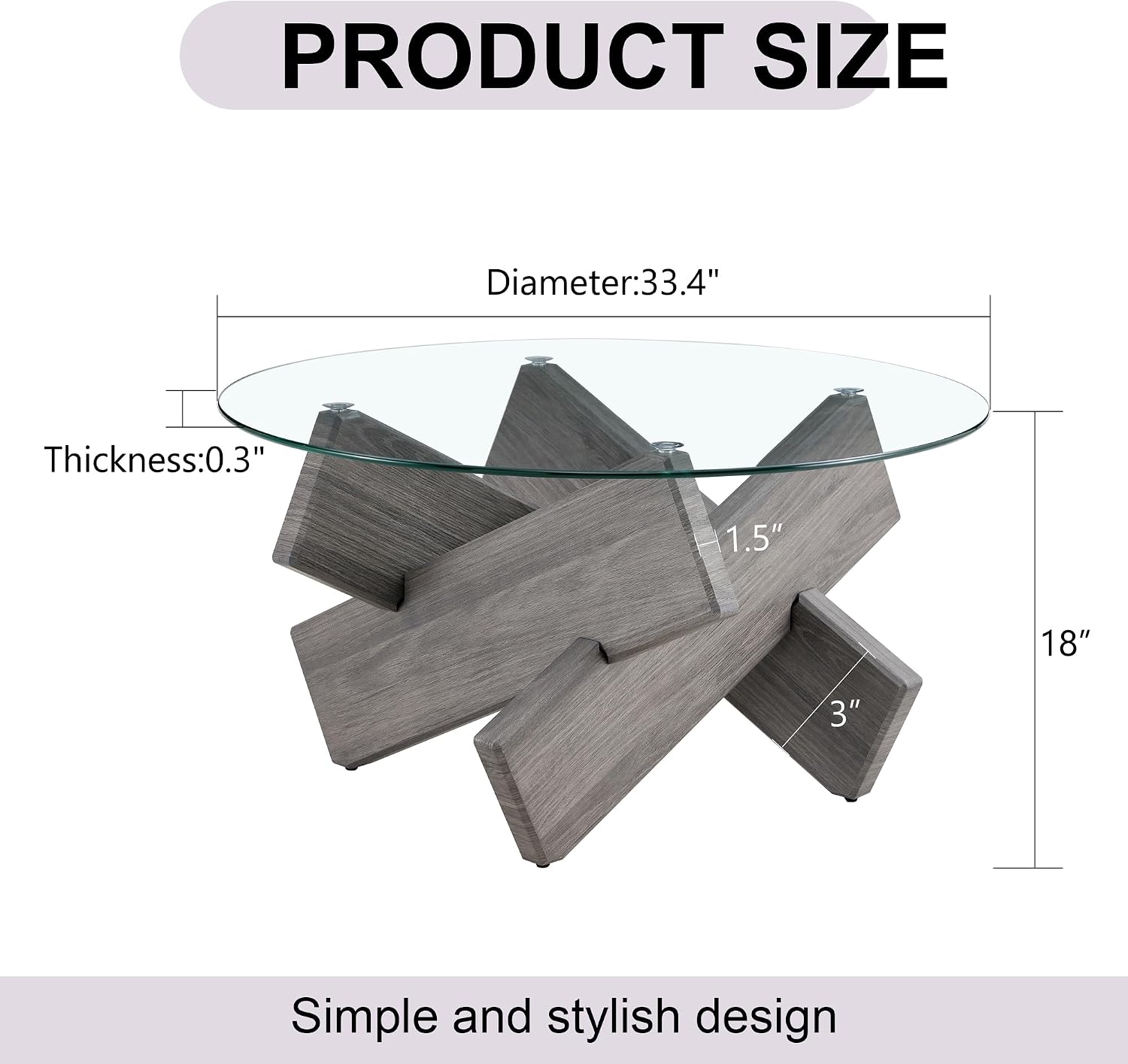 33.4'' Tempered Glass Round Coffee Table for Living Room, Modern Circle Coffee Table, Glass Tabletop & Wood Base, Easy Assembly, Gray