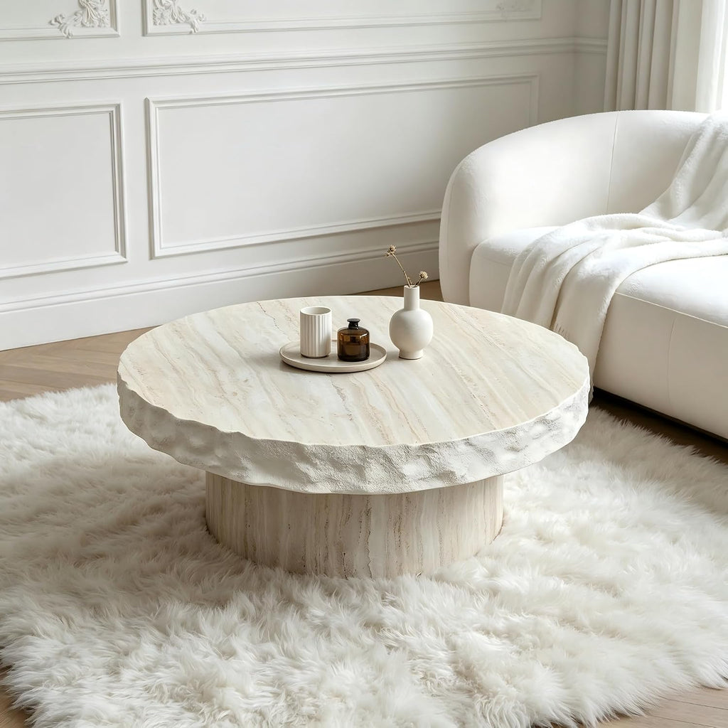 Round Coffee Table for Living Room Small Modern Faux Marble Center Circle Side Drum Accent Farmhouse Coffee Tables Mid Century for Apartment Bedroom Office Balcony (31.7' x 13') Beige