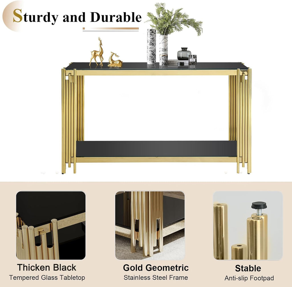 Modern Black Glass Console Table, Luxury 55' Rectangular Sofa Table with Gold Stainless Steel Frame, 2-Tier Console Entryway Table with Storage for Living Room Entrance Hallway