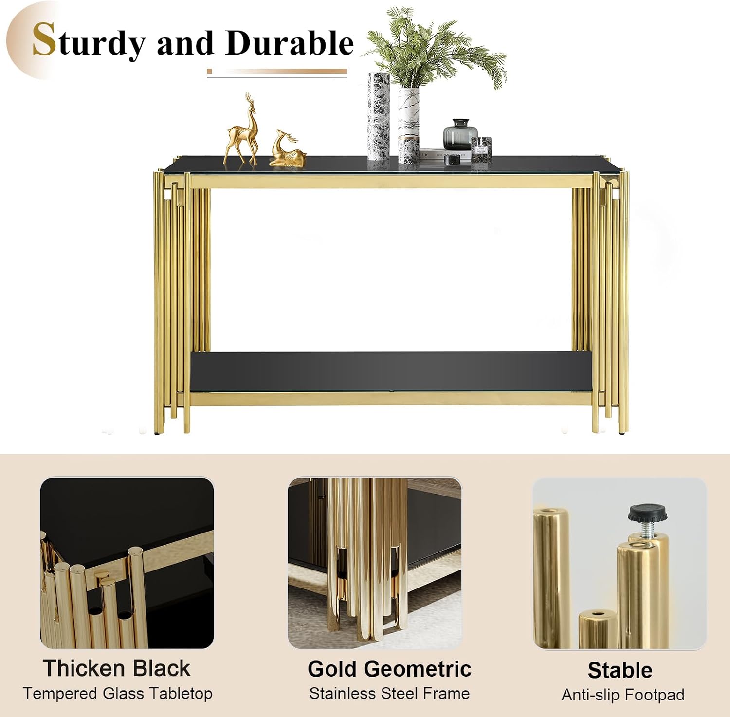 Modern Black Glass Console Table, Luxury 55' Rectangular Sofa Table with Gold Stainless Steel Frame, 2-Tier Console Entryway Table with Storage for Living Room Entrance Hallway