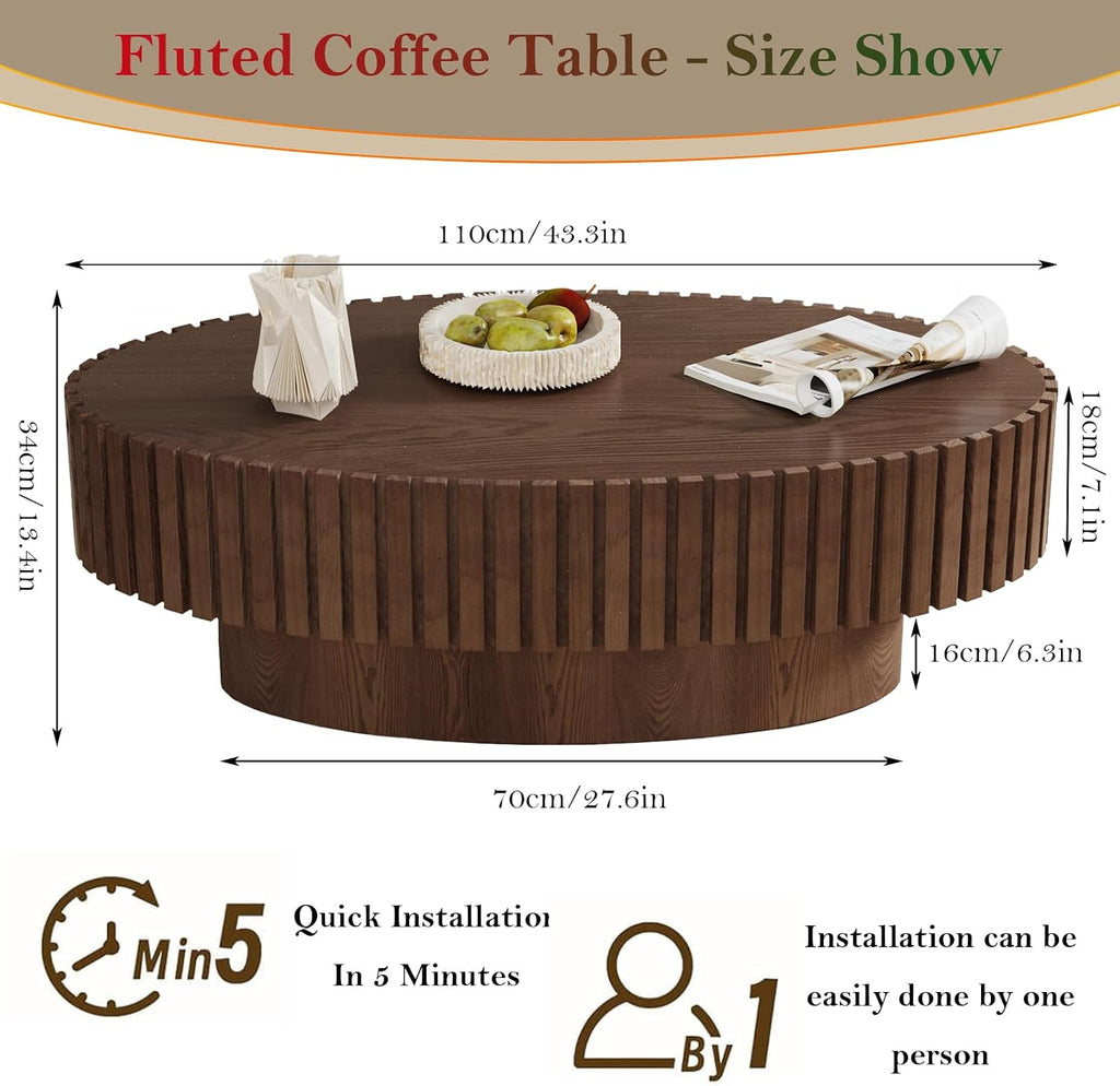Handcraft Fluted Coffee Table 43.3' Oval Drum Center Tables with Sturdy Pedestal Easy to Assembly for Living Room Apartment Farmhouse (Oval Walnut 43.3in)