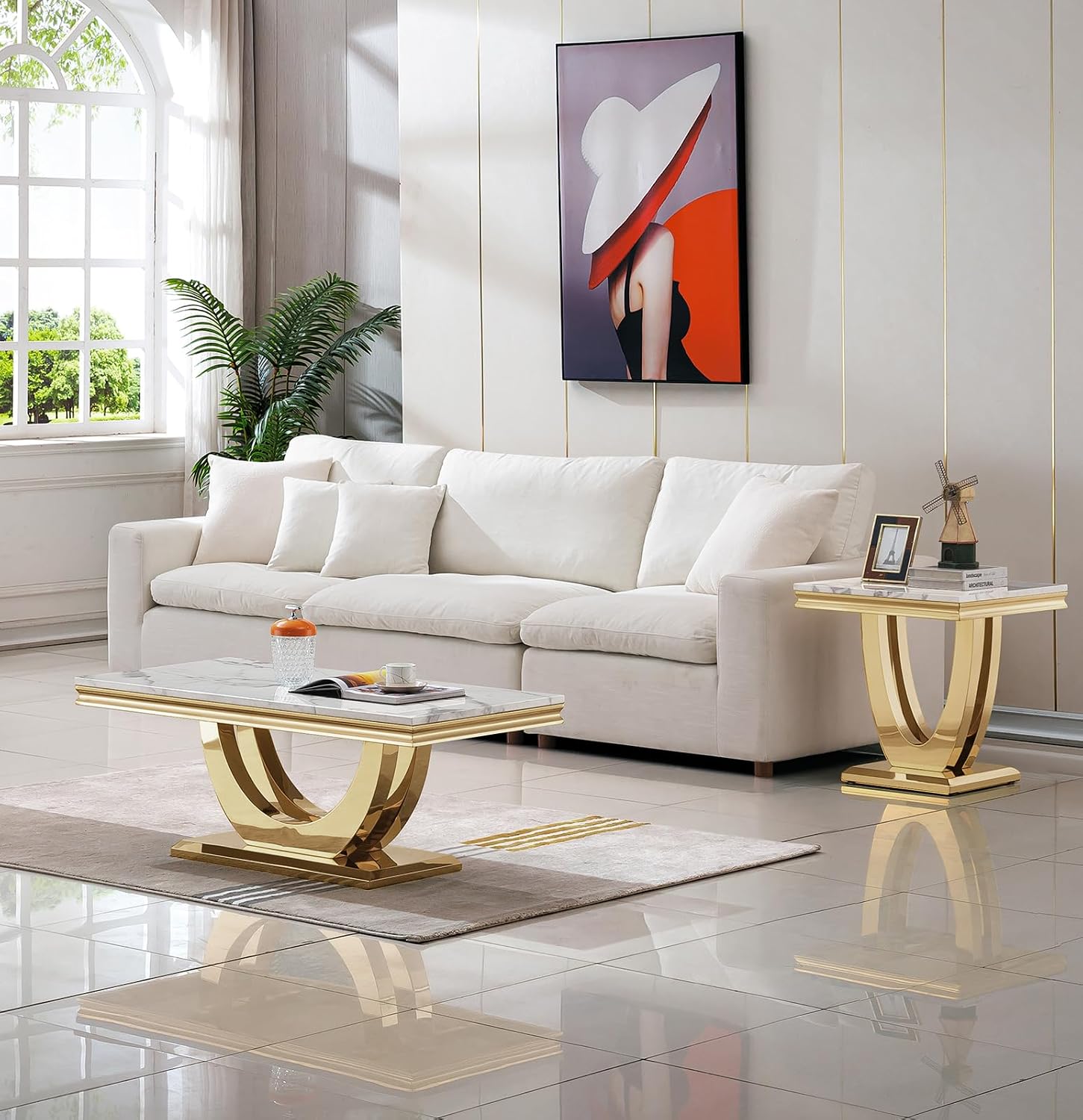 2 Pieces Living Room Table Set, Faux Marble Coffee Table Set of 2, Modern Coffee Table and End Table with U-Shaped Stainless Steel Base for Living Room (White Gold)