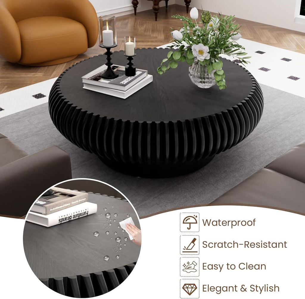 JHKZUDG Round Fluted Coffee Table 31.5'' Wood Drum Coffee Tables Contemporary Circle Accent Center Table Mid Century Side Table for Living Room, Small Space, Apartment (Black, 31.5' Coffee Table)