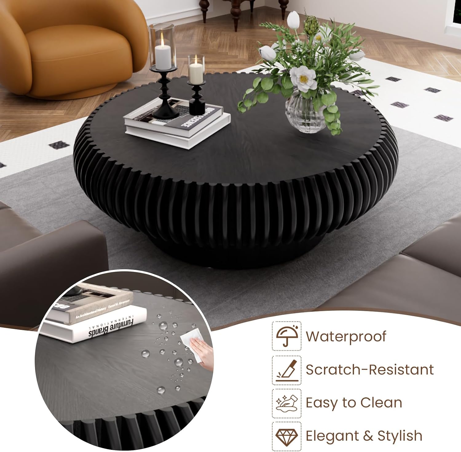 JHKZUDG Round Fluted Coffee Table 31.5'' Wood Drum Coffee Tables Contemporary Circle Accent Center Table Mid Century Side Table for Living Room, Small Space, Apartment (Black, 31.5' Coffee Table)