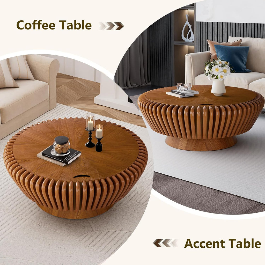 Modern Wood Fluted Round Coffee Table with Storage - Handcraft Drum Coffee Tables with Sturdy Base, Accent Center Table Small Circle Coffee Table for Living Room,Office, Apartment (Brown 35.4')
