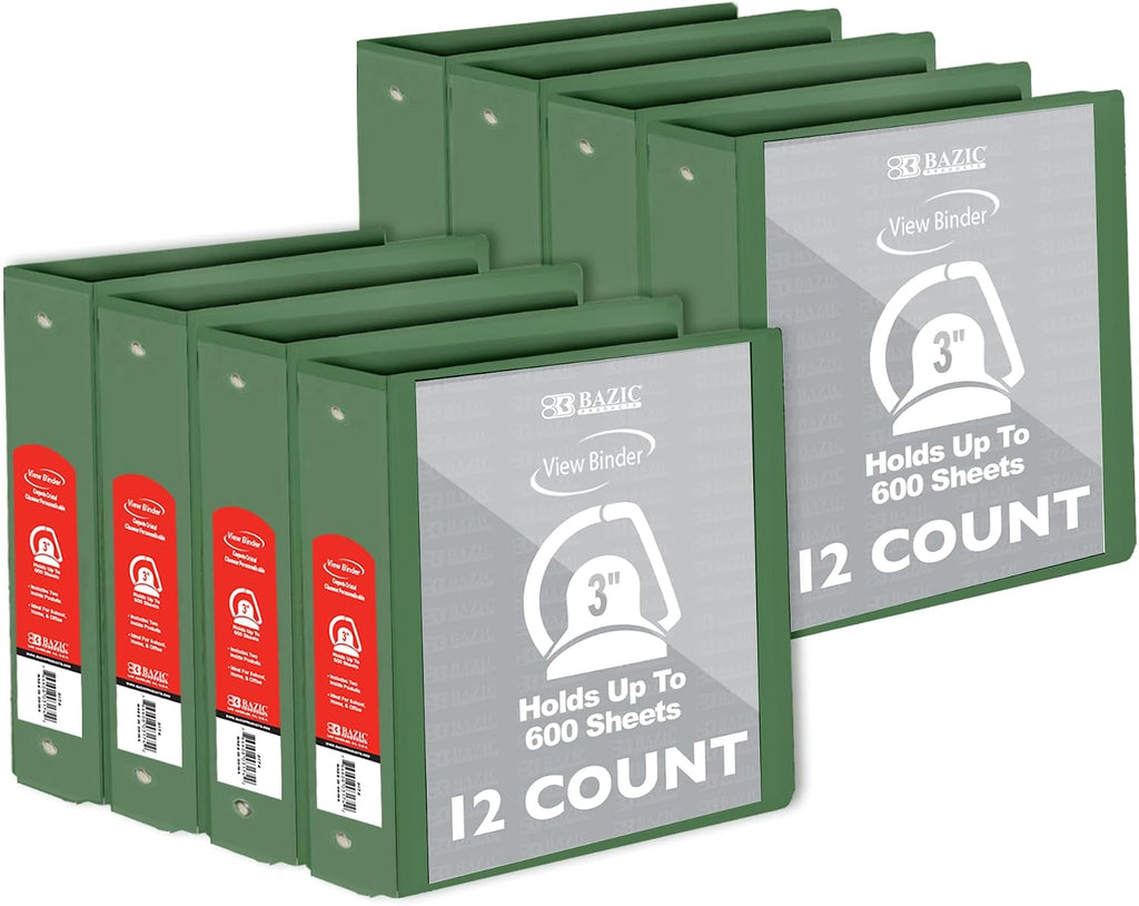 BAZIC Products 3 Ring Binder 3' View Binders Slant D Ring Organizer - Green, Hold 600 Sheets Paper, for School Office Home, 12-Count