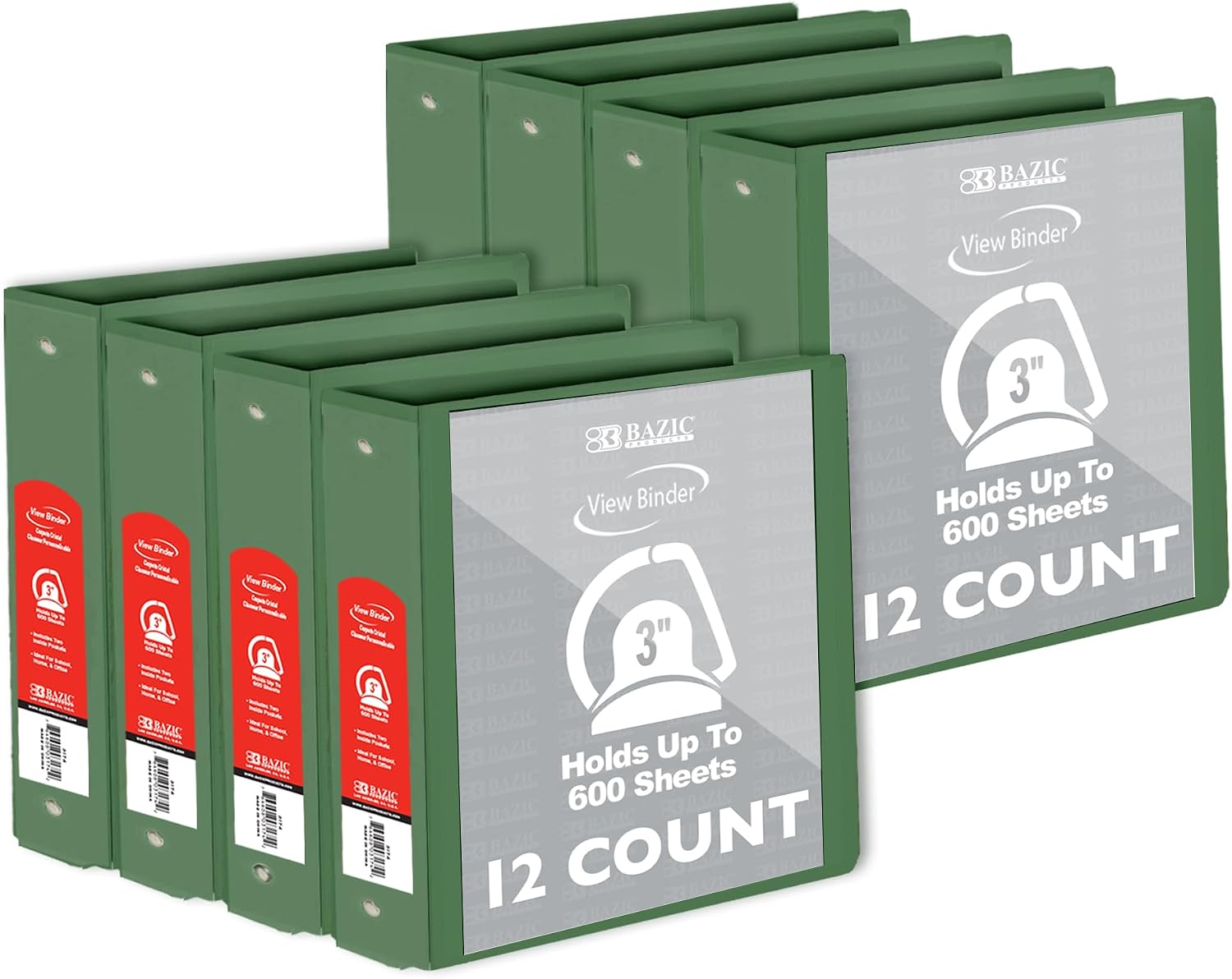BAZIC Products 3 Ring Binder 3' View Binders Slant D Ring Organizer - Green, Hold 600 Sheets Paper, for School Office Home, 12-Count