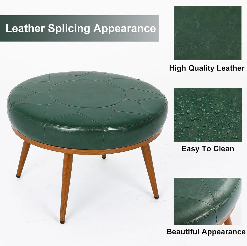 Green Round Ottoman Coffee Table, 24-Inch Faux Leather Cushioned Footstool with Solid Wood Bookshelf & Frame, Multifunctional Storage Ottoman for Living Room, Bedroom
