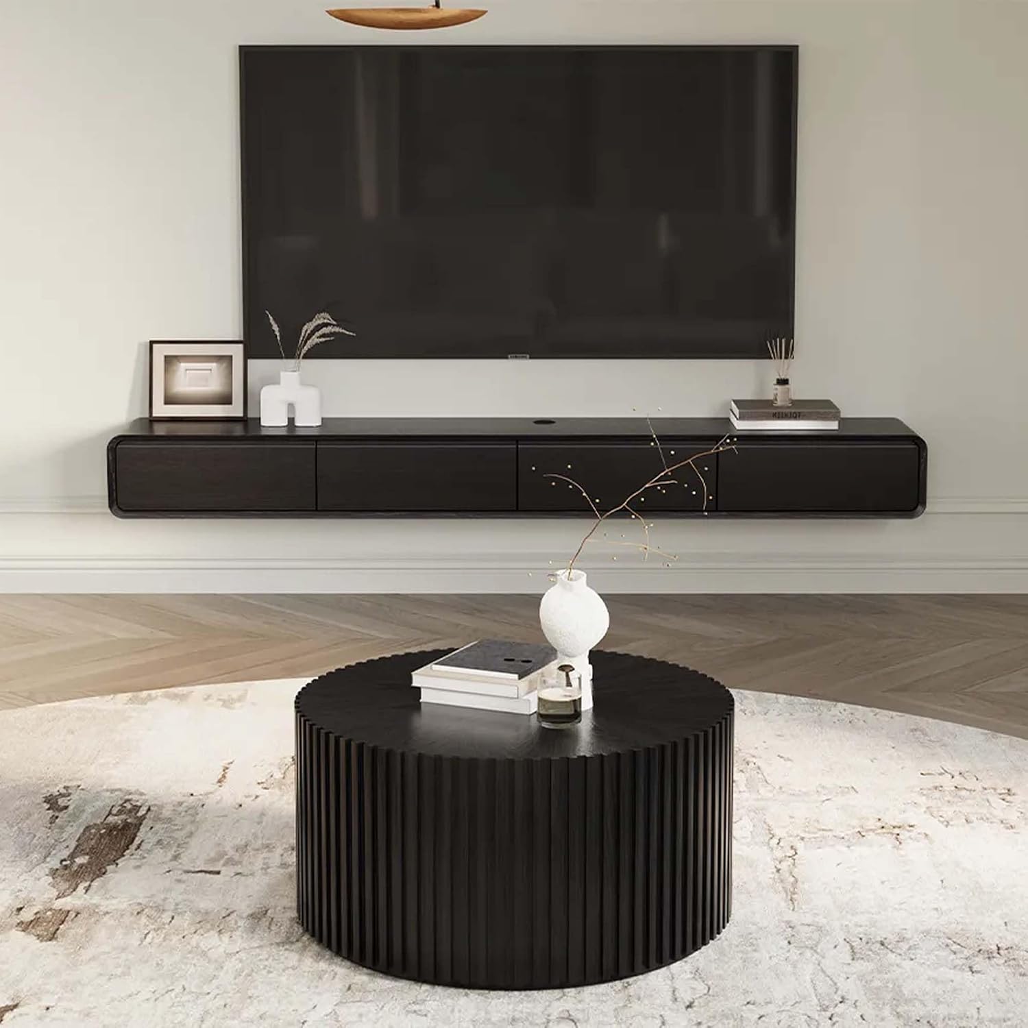 POVISON Mid Century Modern Coffee Table with Fluted Design, 31.5' Round Coffee Table for Living Room, Black Wood Coffee Table for Home Office Apartment