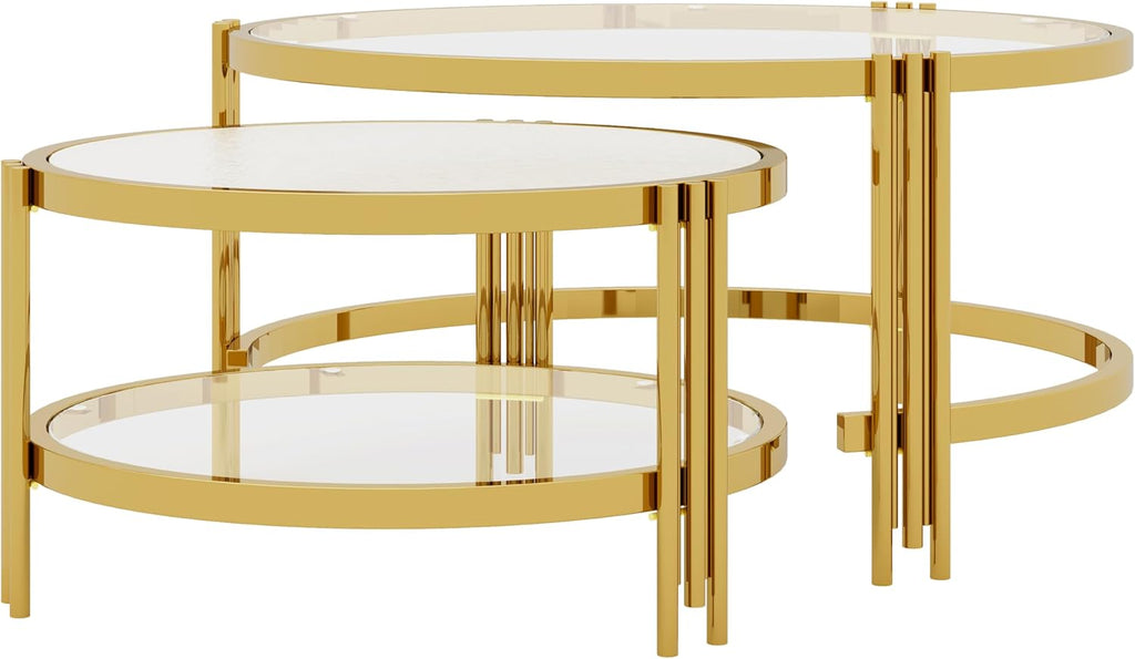 Merax 2-Piece Nesting Round Coffee Table Set, Gold Finish Metal Frame with Textured Tempered Glass Tops, Modern Stylish Accent & Side Table for Living Room, Bedroom, Apartment, Office, Transparent