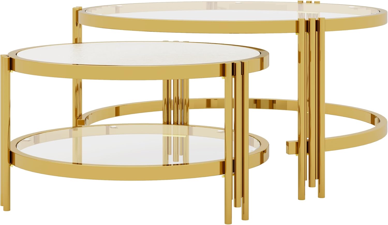 Merax 2-Piece Nesting Round Coffee Table Set, Gold Finish Metal Frame with Textured Tempered Glass Tops, Modern Stylish Accent & Side Table for Living Room, Bedroom, Apartment, Office, Transparent