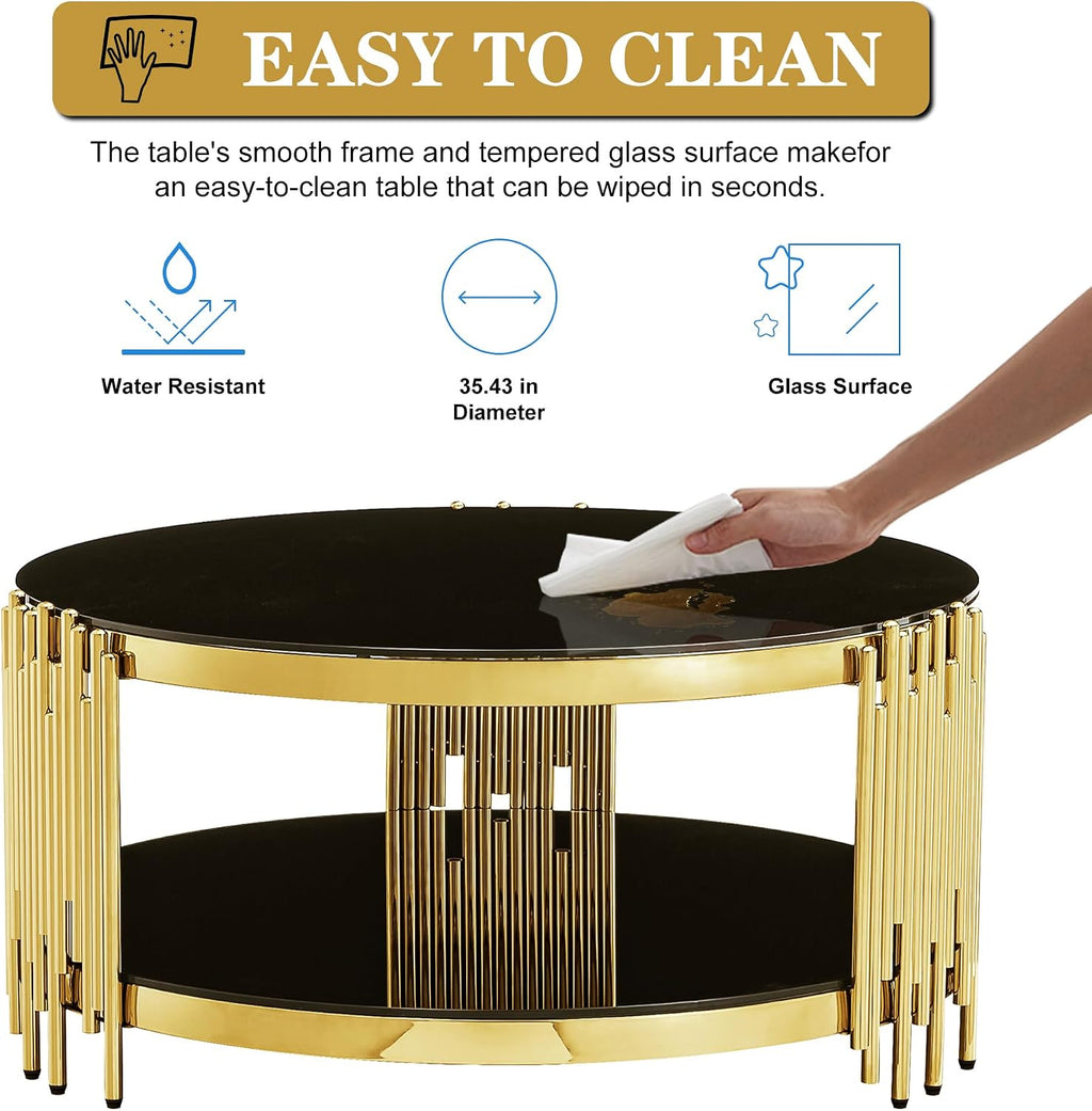 Round Glass Coffee Table Set of 3, Gold and Black Modern Living Room Table Set, Includes 1 Coffee Table & 2 End Tables, Gold Stainless Steel Base Tempered Glass Top, Luxury Furniture for Home Office