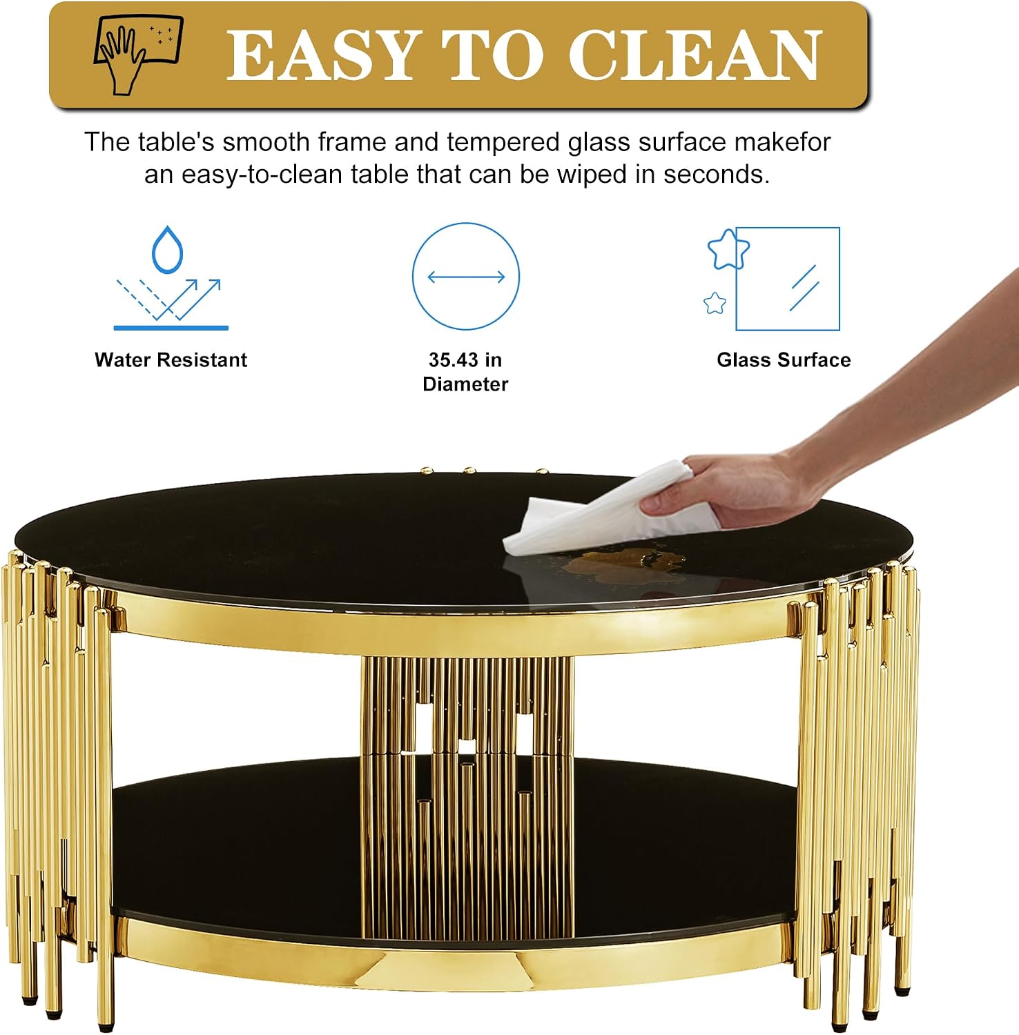 Round Glass Coffee Table Set of 3, Gold and Black Modern Living Room Table Set, Includes 1 Coffee Table & 2 End Tables, Gold Stainless Steel Base Tempered Glass Top, Luxury Furniture for Home Office
