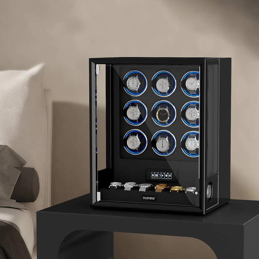 DUKWIN Fingerprint Lock Watch Winder, 8 TPD Watches Winder for 6/9 Automatic Watches with 6 Watch Holders, LCD Display, Adjustable Pillow and Changing LED Light for Gentles and Ladies