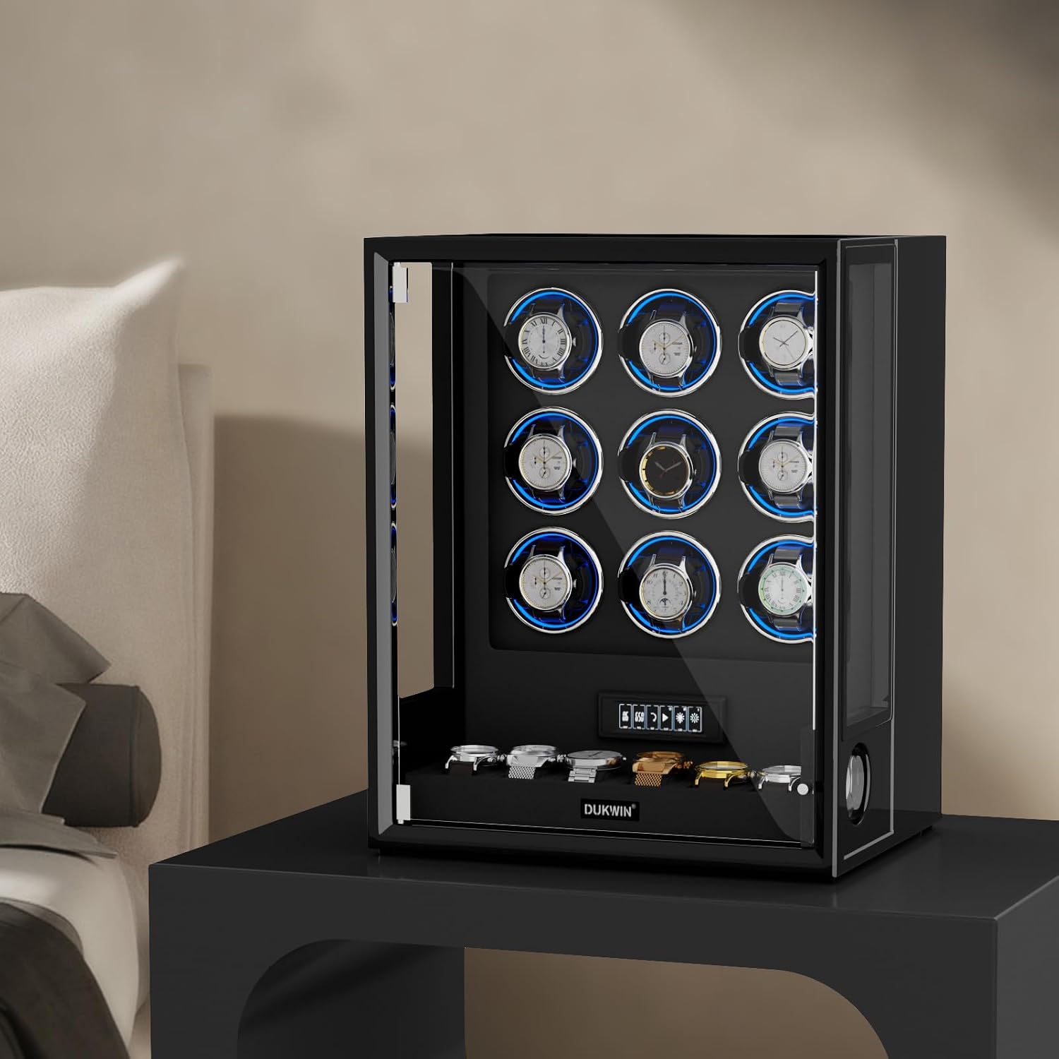 DUKWIN Fingerprint Lock Watch Winder, 8 TPD Watches Winder for 6/9 Automatic Watches with 6 Watch Holders, LCD Display, Adjustable Pillow and Changing LED Light for Gentles and Ladies