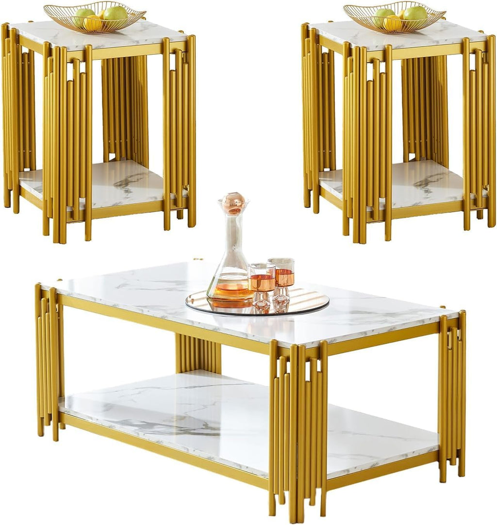 Elegant Marble Coffee Table Set of 3 White Faux Marble Coffee Table End Table Set with Gold Metal Frame 3 Piece Living Room Table Set with 1 Rectangle Coffee Table & 2 Square Side Table