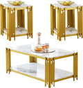 Elegant Marble Coffee Table Set of 3 White Faux Marble Coffee Table End Table Set with Gold Metal Frame 3 Piece Living Room Table Set with 1 Rectangle Coffee Table & 2 Square Side Table