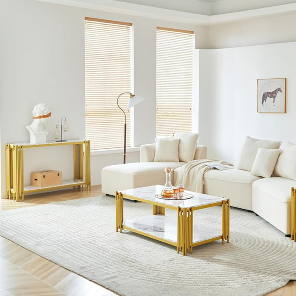 White Marble Coffee Table Set of 2, Faux Marble Coffee Tables and Gold White Console Table with Chrome Metal I-Base, Luxury Marble 2 Piece Living Room Table Set for Bedroom Home Office