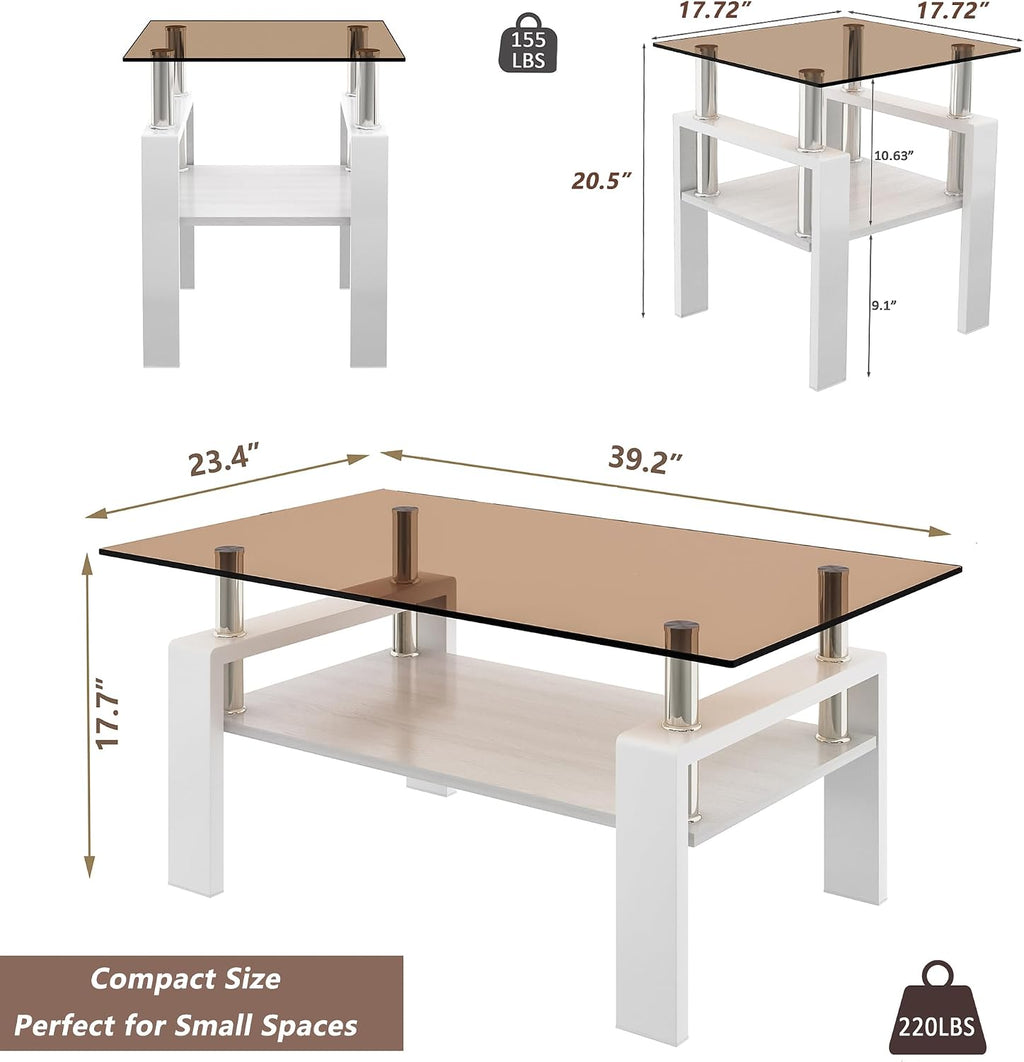 Glass Coffee Table Sets of 3 for Living Room, Mordern End Table Sofa Side Tables with Storage, White Metal Leg, Brown Glass Tabletop Rectangle Tempered Center Table Home Furniture Set