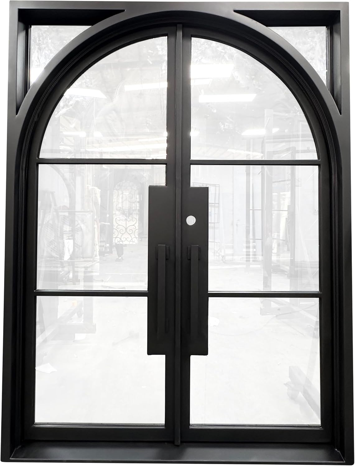 Dublin Model Exterior Double Front Entry Door Wrought Iron with Fixed Tempered Clear Low E Glass Inside Swing Matt Black Finish (Matt Black, 62 x 84)