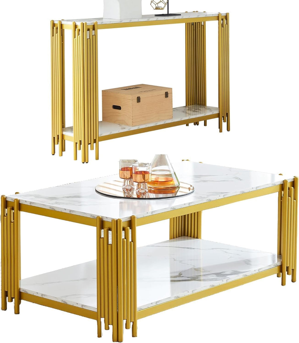 White Marble Coffee Table Set of 2, Faux Marble Coffee Tables and Gold White Console Table with Chrome Metal I-Base, Luxury Marble 2 Piece Living Room Table Set for Bedroom Home Office