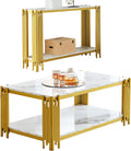 White Marble Coffee Table Set of 2, Faux Marble Coffee Tables and Gold White Console Table with Chrome Metal I-Base, Luxury Marble 2 Piece Living Room Table Set for Bedroom Home Office