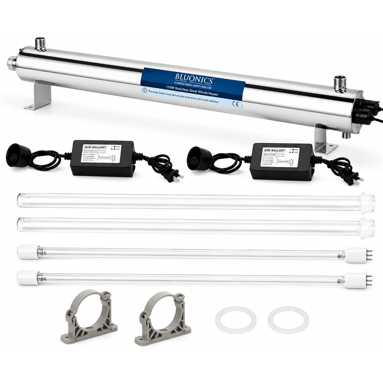 Whole House UV Water Filter System 24 GPM – 110W Stainless Steel UV Light – 1' NPT – LED Indicator & Audible Alarm – for Well & City Water – Includes 2 Ballasts – Bluonics