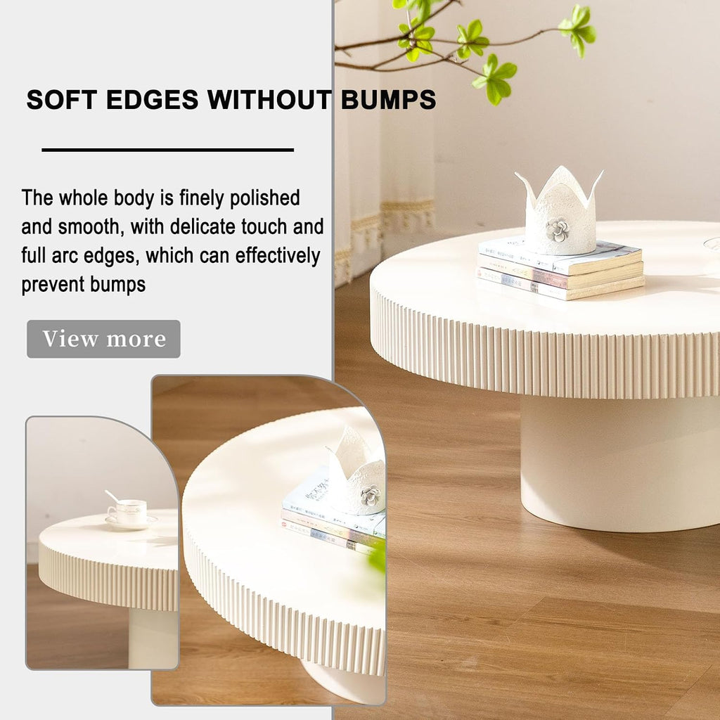 Round Coffee Table, Handcrafted Fluted Drum Coffee Tables Modern Wood Coffee Table Circle Drum Center Table for Living Room, Apartment (White Thin)