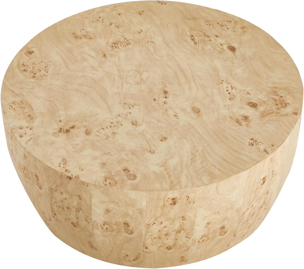35' Rustic Drum Coffee Table for Living Room Round Center Table Modern Drum-Shape Wooden Cocktail Table for Home Office, Fully Assembled - Burl Wood Veneer Natural Color