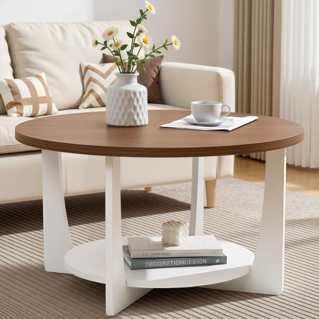 BECHAEO 31.5'' Round Coffee Table with Solid Wood Pine Legs, 2-Tier Rustic Coffee Table with Storage Shelf, Small Modern Wood Circle Center Table for Living Room