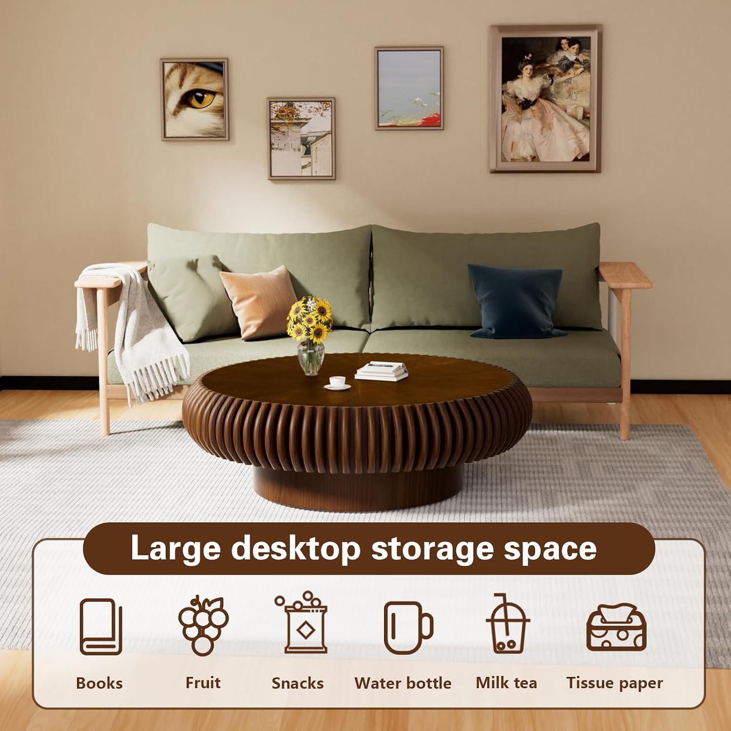 Round Drum Coffee Table Modern Coffee Tables Fluted Coffee Table Circle Center Table Pedestal End Table for Living Room Bedroom(31.5in Walnut)