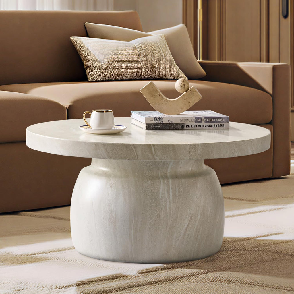 HULALA HOME Modern Marble Coffee Table, 31.5 Inch Round Coffee Table with Marble Concrete Base, for Living Room, with Tabletop, Easy Assembly, Beige