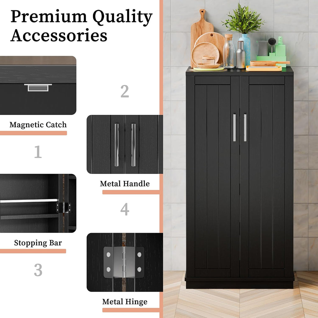 Pantry Cabinet, 47in Wooden Kitchen Storage Pantry Cabinet, Freestanding Storage Cabinets with 2 Doors, Adjustable Shelves, Black