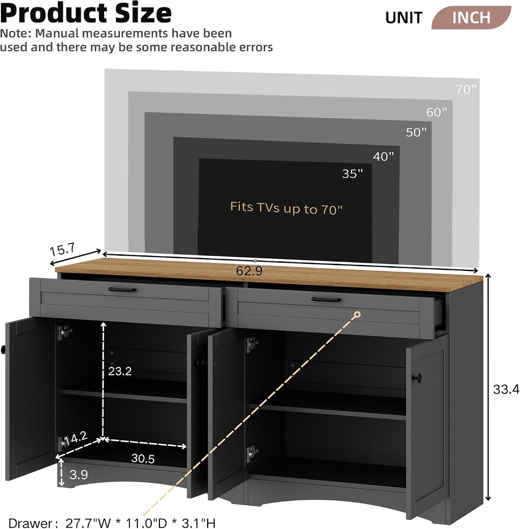 Ball & Cast Farmhouse TV Stand with 2 Drawers for TVs up to 70',Wood Grain Sideboard Buffet Cabinet w/Rustic Handles and Adjustable Shelf,Entertainment Center for Living Room,Bedroom,Grey