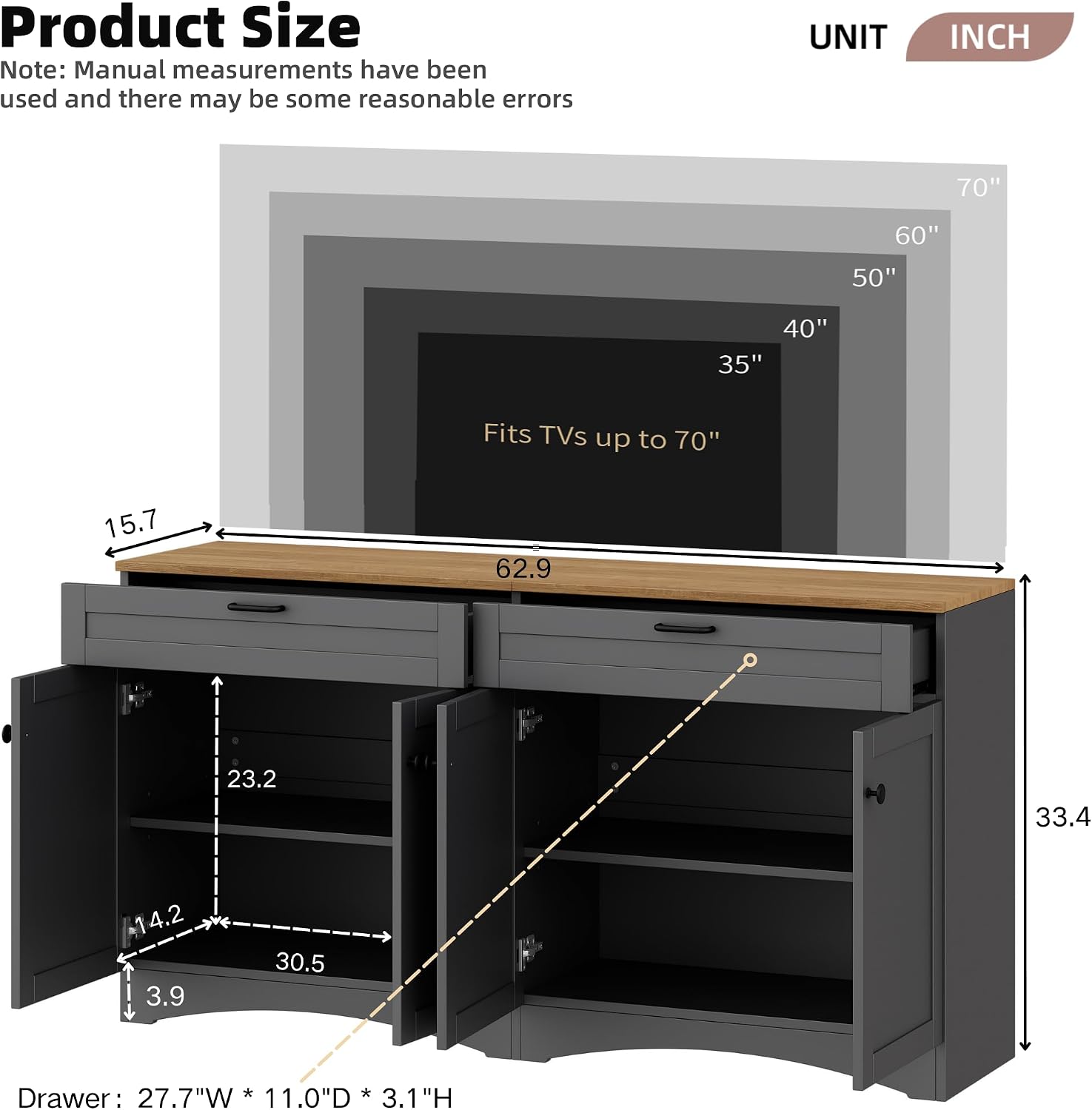 Ball & Cast Farmhouse TV Stand with 2 Drawers for TVs up to 70',Wood Grain Sideboard Buffet Cabinet w/Rustic Handles and Adjustable Shelf,Entertainment Center for Living Room,Bedroom,Grey