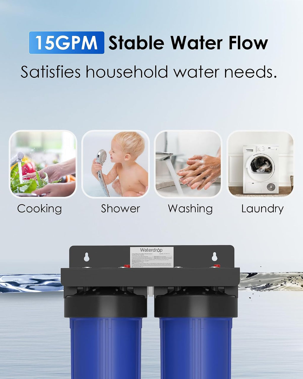 Waterdrop WHF21-PG 2-Stage Whole House Water Filter System, Highly Reduces Lead, Chlorine, Odor and Taste, 5-Stage Filtration, with Carbon Filter and Sediment Filter, 5 Micron, 1' Inlet/Outlet