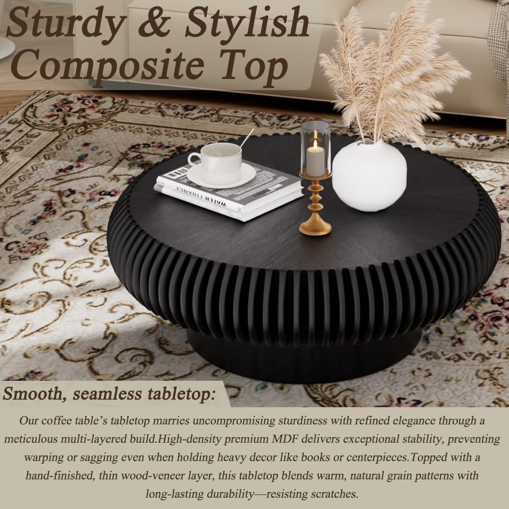 Round Coffee Table for Living Room Modern Solid Wood Fluted Design Coffee Tables with Sturdy Pedestal for Small Space Circle Center Table Accent Tea Table for Apartment, Easy Assemble (Black, 31.4)