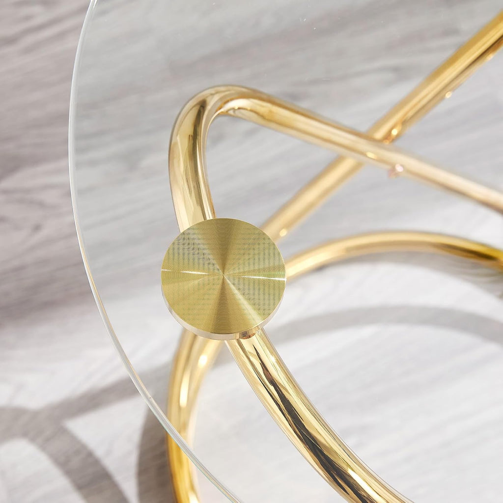 BECHAEO 19.7' Round Glass Gold Side Table Set of 2 with Gold-Plated Metal Ring-Shaped Frame for Living Room, Modern Round Glass End Table Nightstand for Bedroom, Small Side Table for Small Spaces