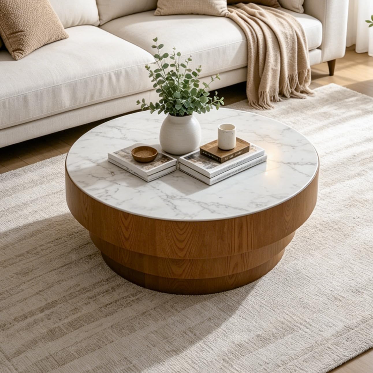 WILLIAMSPACE 31.5' Round Coffee Table with Sintered Stone Top & Wood Veneer Tiered Base, Modern Drum Marble Center Table for Living Room, Accent Tea Table for Apartment, 15.35' H (White+Wood)