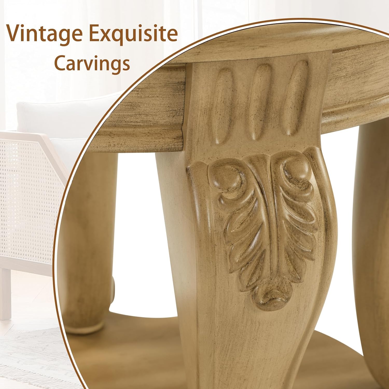 LKTART Round Coffee Table, 42' Oval Coffee Table with Storage, Victorian Center Table with Carved Legs, 2-Tier Cocktail Table for Living Room, Antique Natural