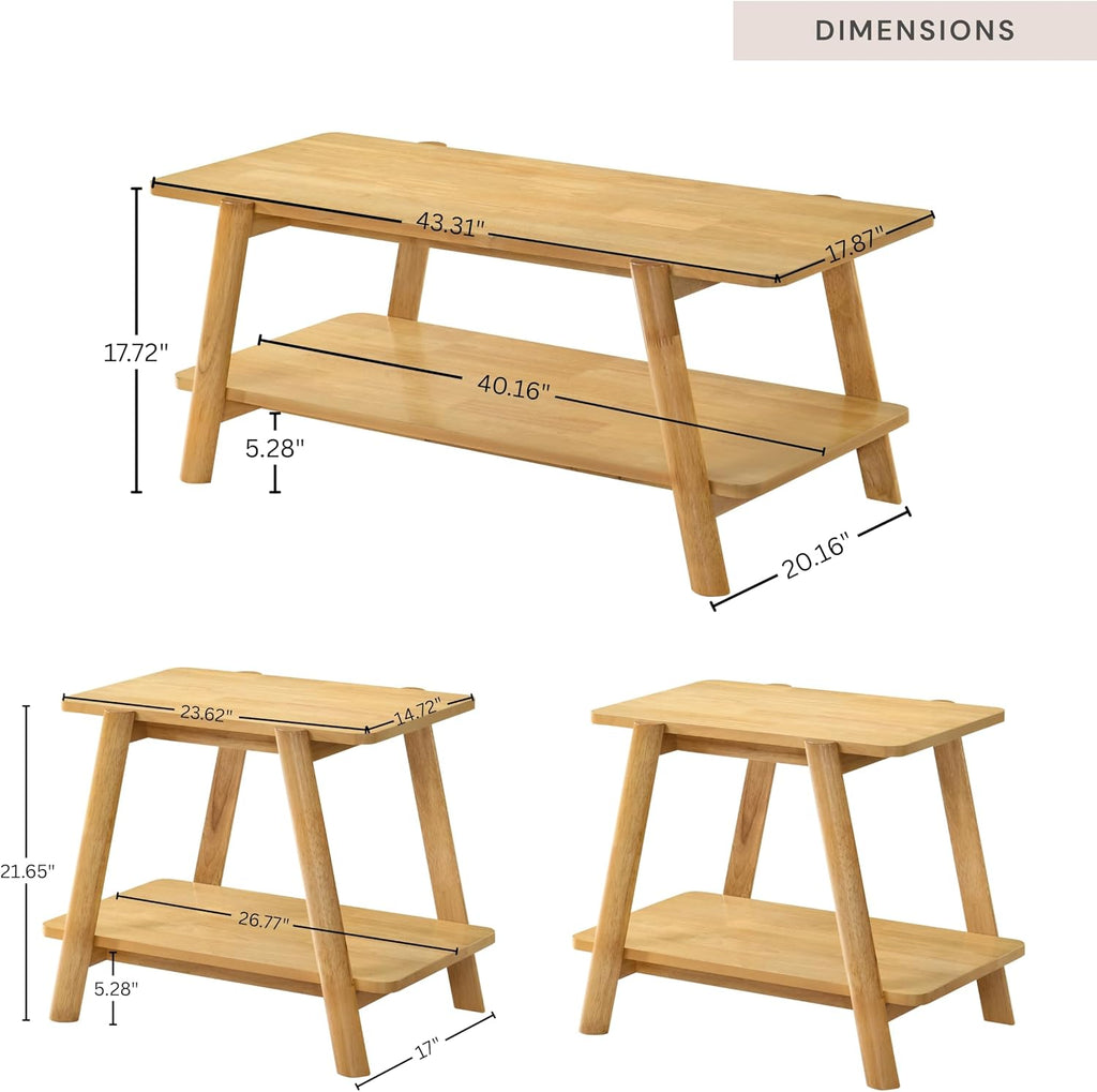 Roundhill Furniture Metz 3-Piece Coffee Table Set, Coffee Table and Two End Tables, Natural Oak Finish
