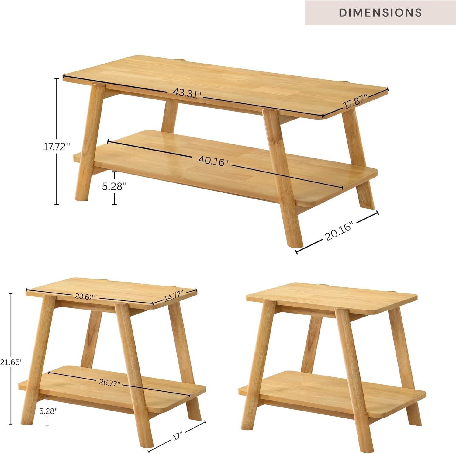 Roundhill Furniture Metz 3-Piece Coffee Table Set, Coffee Table and Two End Tables, Natural Oak Finish