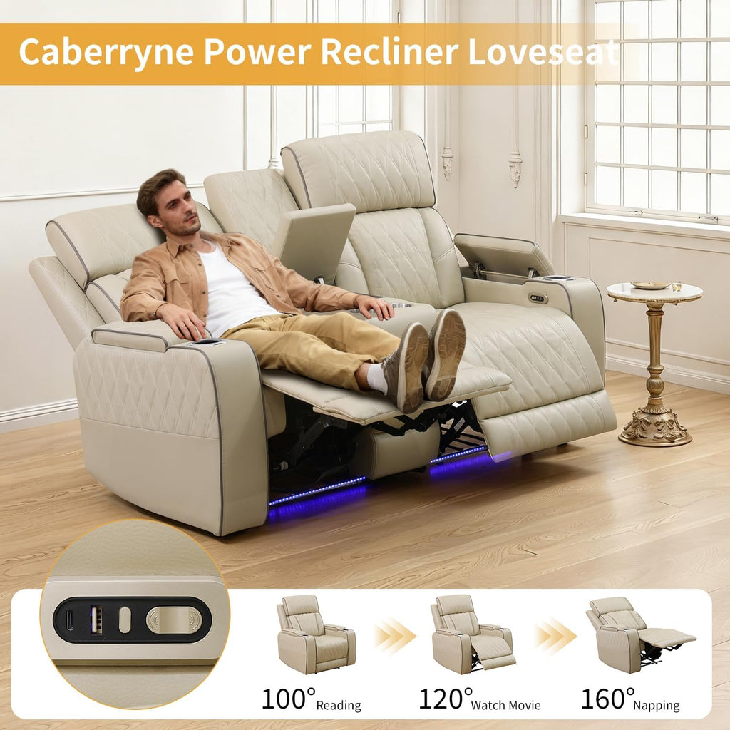 Power Recliner Sofa with LED Lights,Leather Reclining Loveseat with Double Recliner/USB Port/Storage Console/Cup Holder for House/Home Theater(2 Seater Loveseat,Paddy)