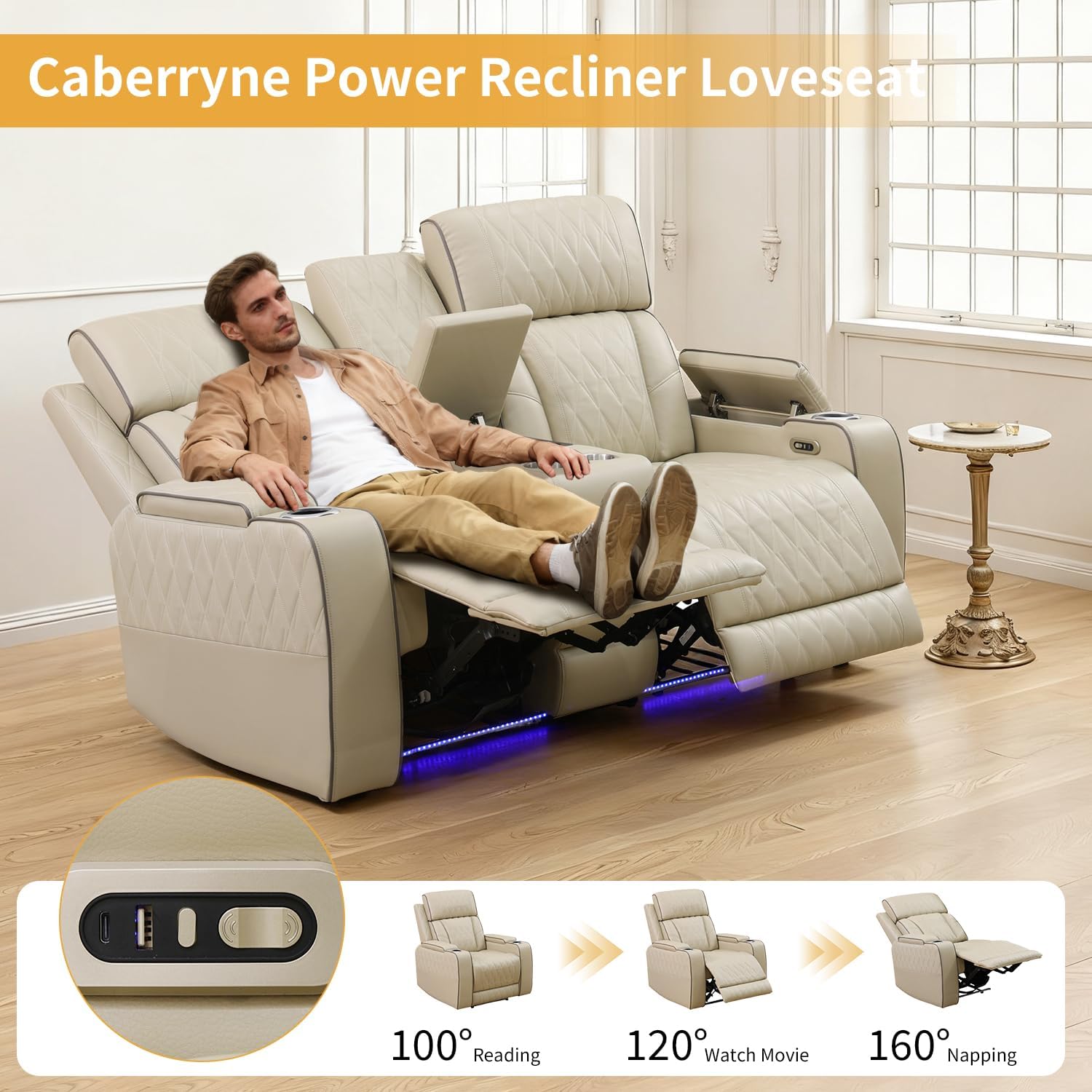 Power Recliner Sofa with LED Lights,Leather Reclining Loveseat with Double Recliner/USB Port/Storage Console/Cup Holder for House/Home Theater(2 Seater Loveseat,Paddy)